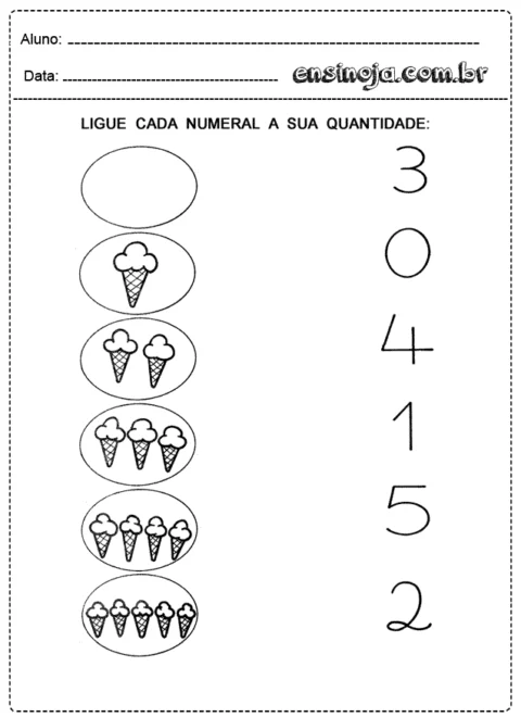 Atividade de ligar números a quantidades de sorvetes.