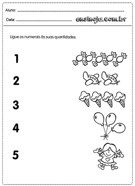 Atividade de ligar números às quantidades representadas por desenhos.