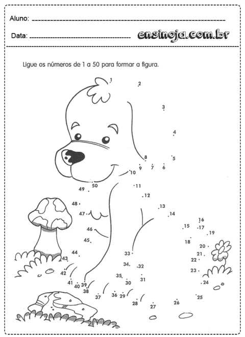 Desenho de um cachorro para ligar os números de 1 a 50.