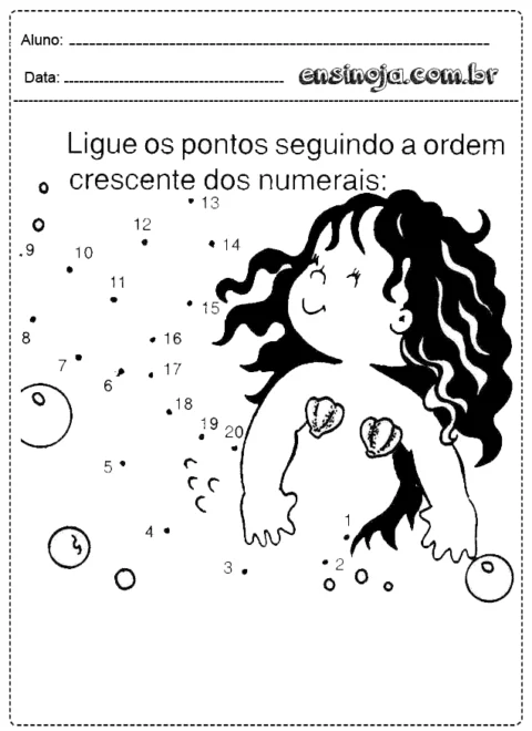 Desenho de uma menina submersa com bolhas, onde é solicitado ligar os pontos em ordem crescente.