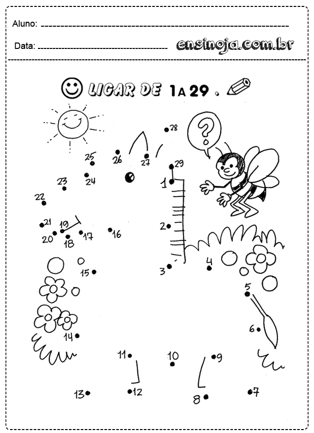 Atividade de ligar os pontos de 1 a 29 com uma abelha e elementos da natureza.