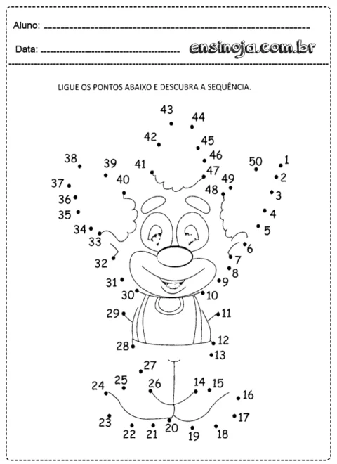 Atividade de ligar os pontos com um palhaço sorridente.