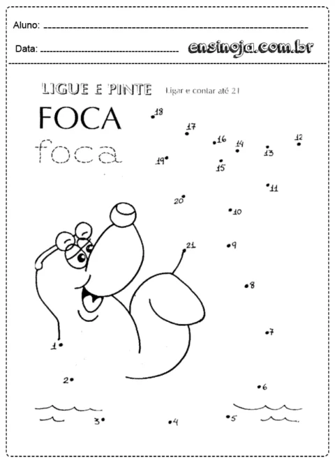 Desenho de uma foca para ligar os pontos e colorir.