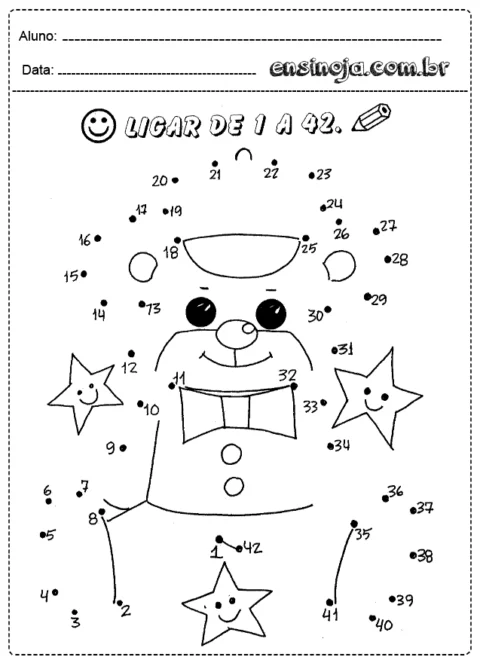 Atividade de ligar os pontos de 1 a 42, formando a imagem de um personagem sorridente.