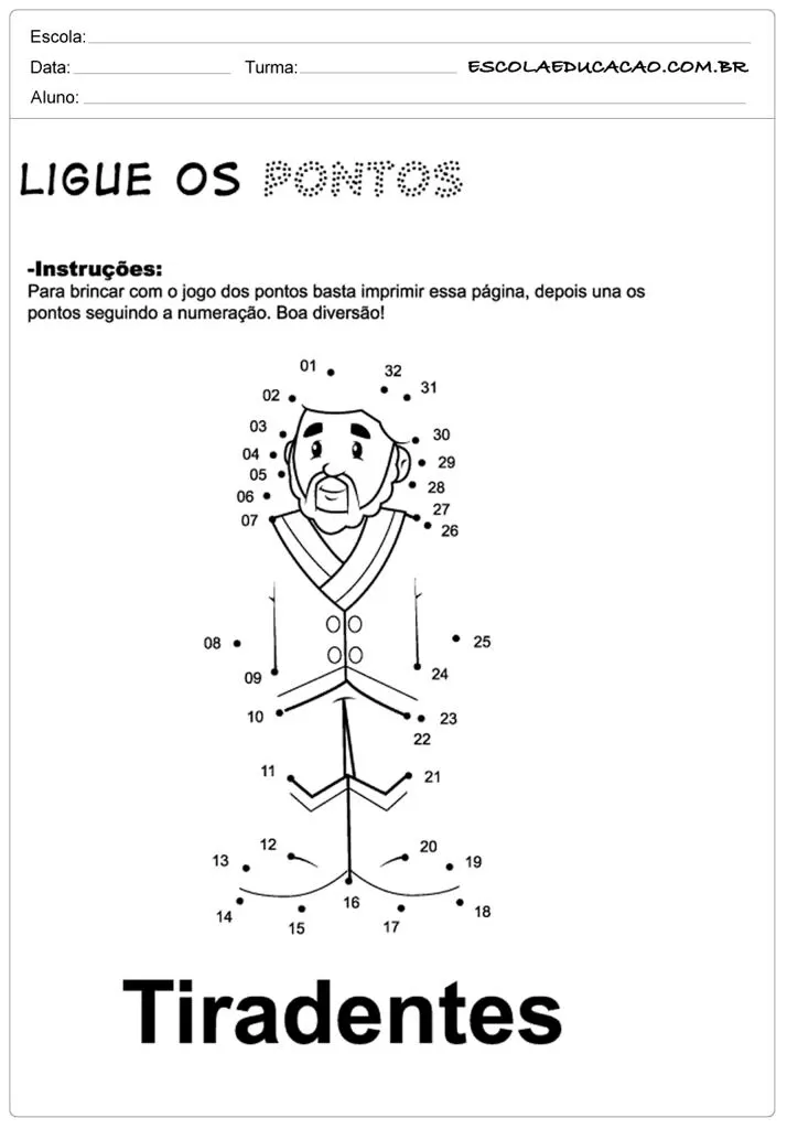 Atividade de ligar os pontos com a figura de Tiradentes.