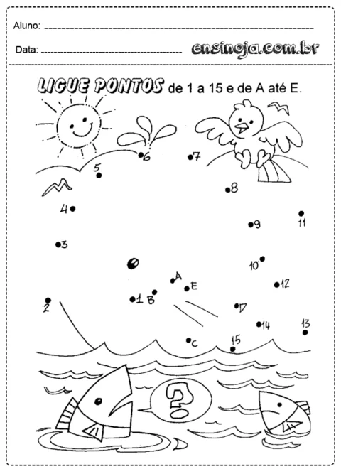 Atividade de ligar pontos com desenhos de um sol, um pássaro e peixes.