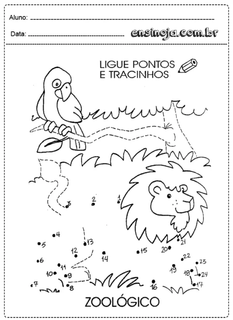 Atividade de ligar pontos e traços com um papagaio e um leão em um cenário zoológico.