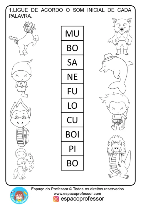 Atividade de ligar palavras ao som inicial, com ilustrações de personagens e animais.