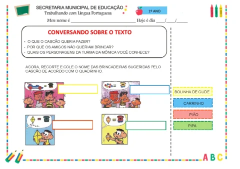 Atividade de língua portuguesa para o 1º ano com perguntas sobre um texto e espaço para colar nomes de brinquedos.