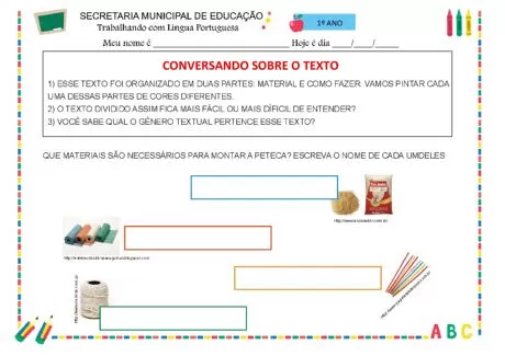 Atividade de Língua Portuguesa para o 1º ano com perguntas sobre texto e espaço para respostas.