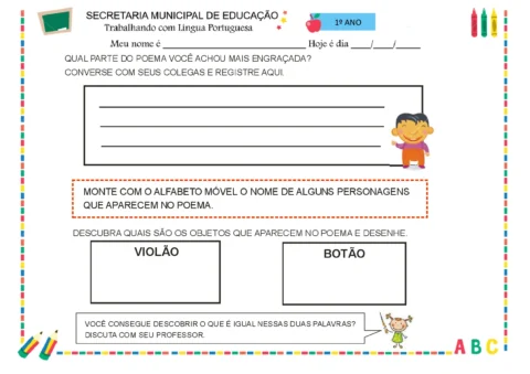Atividade de Língua Portuguesa para o 1º ano com perguntas sobre um poema.