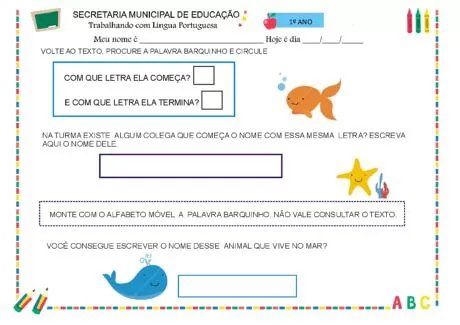 Atividade de Língua Portuguesa para o 1º ano com perguntas sobre a palavra 'barquinho'.