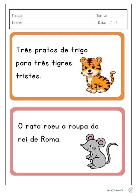 Ilustrações de um tigre e um rato com frases educativas.
