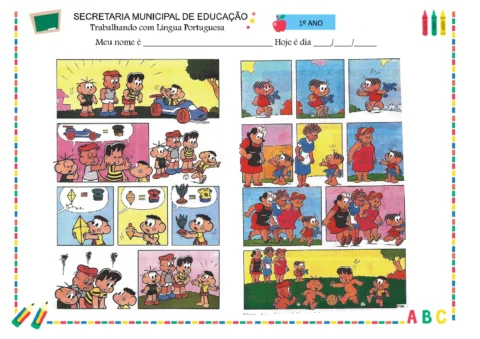 Atividade de Língua Portuguesa com personagens de quadrinhos.