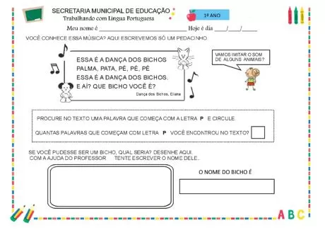 Atividade de Língua Portuguesa para o 1º ano com música e exercícios sobre palavras.