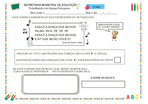 Atividade de Língua Portuguesa para o 1º ano com música e exercícios sobre palavras.