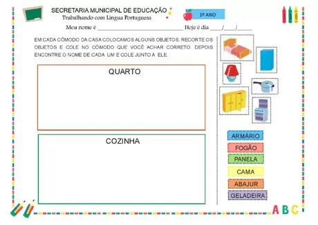 Atividade de recorte e colagem sobre objetos de casa para o 1º ano do ensino fundamental.