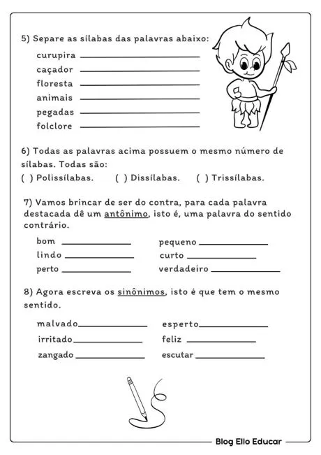 Atividade de separação de sílabas e sinônimos para crianças.