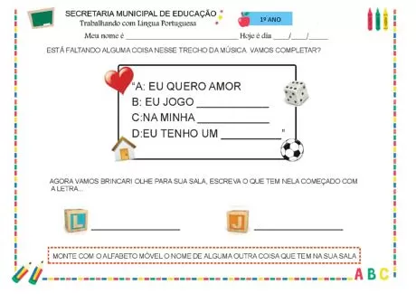Atividade de Língua Portuguesa para o 1º ano com espaço para completar frases e desenhar.
