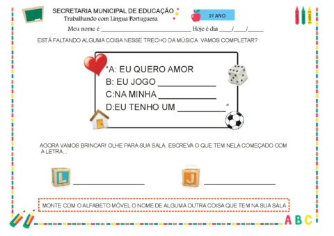 Atividade de Língua Portuguesa para o 1º ano com espaço para completar frases e desenhar.