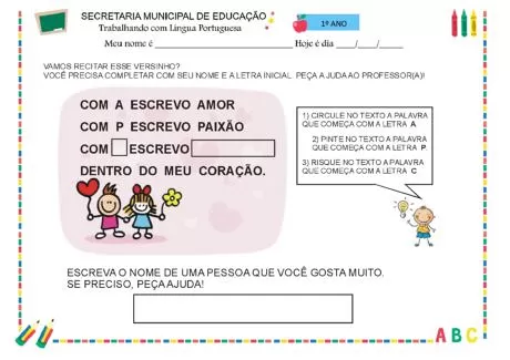 Atividade de completar versos com letras iniciais e nomes.