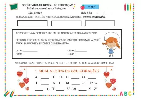 Atividade de Língua Portuguesa para o 1º ano com exercícios de rimas e letras.