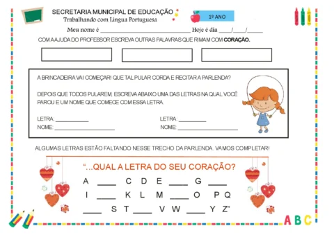 Atividade de Língua Portuguesa para o 1º ano com exercícios de rimas e letras.