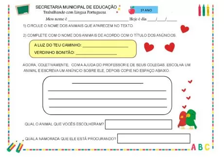Atividade escolar para o 1º ano sobre animais e anúncios.