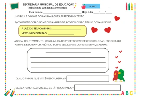 Atividade escolar para o 1º ano sobre animais e anúncios.