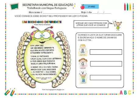 Atividade de Língua Portuguesa para o 1º ano com um poema e espaço para escrita.