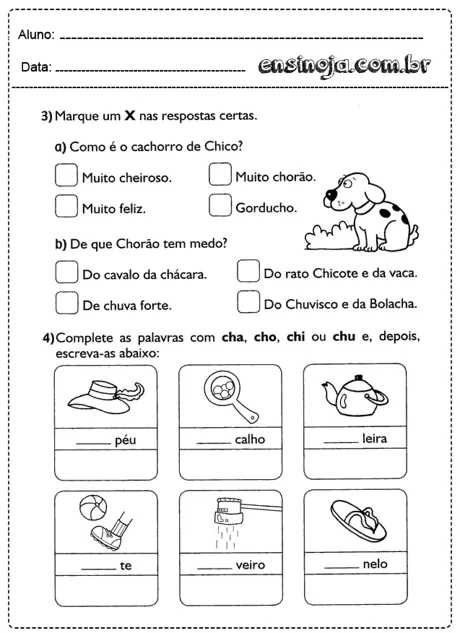 Atividade de educação infantil com perguntas sobre um cachorro e preenchimento de palavras.