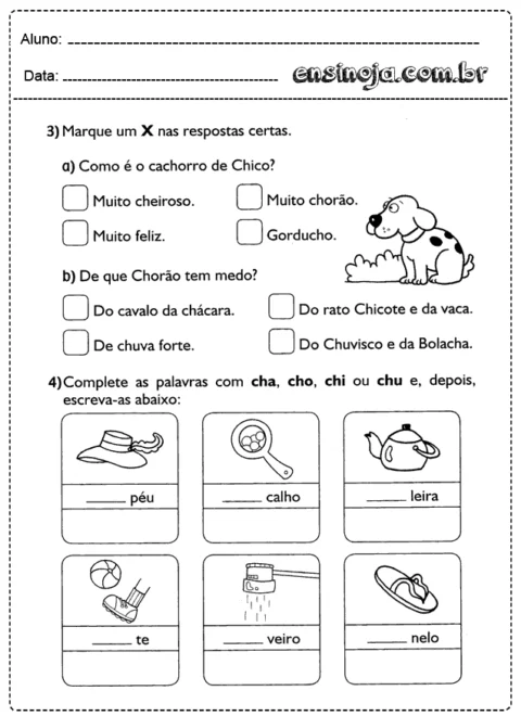 Atividade de educação infantil com perguntas sobre um cachorro e preenchimento de palavras.