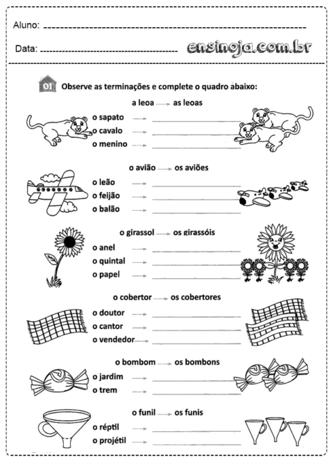 Atividade de completar palavras no quadro com ilustrações de animais e objetos.