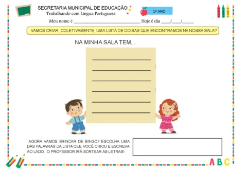 Atividade de lista de objetos na sala de aula com crianças.
