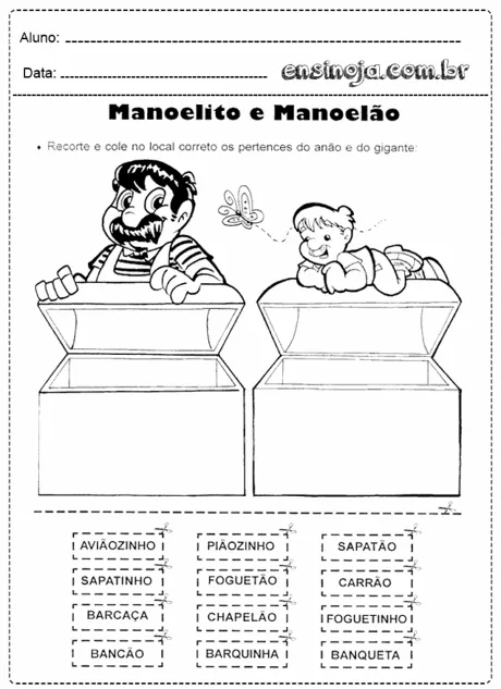 Atividade de recorte e colagem com personagens Manoelito e Manoelão.