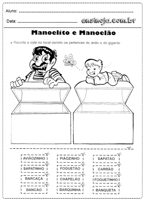 Atividade de recorte e colagem com personagens Manoelito e Manoelão.