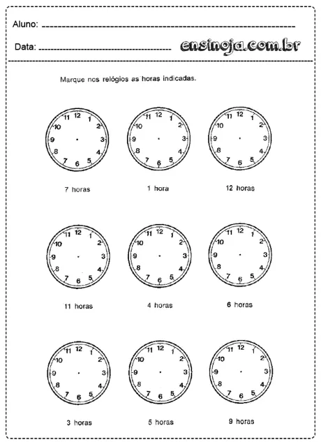 Atividade de marcar horas em relógios.