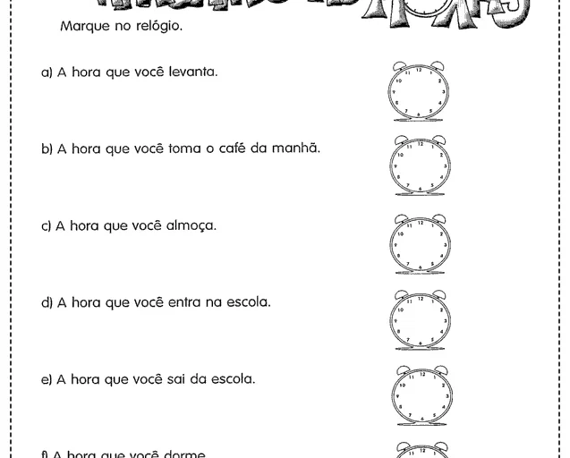 Atividade de marcar horas em relógios para crianças.