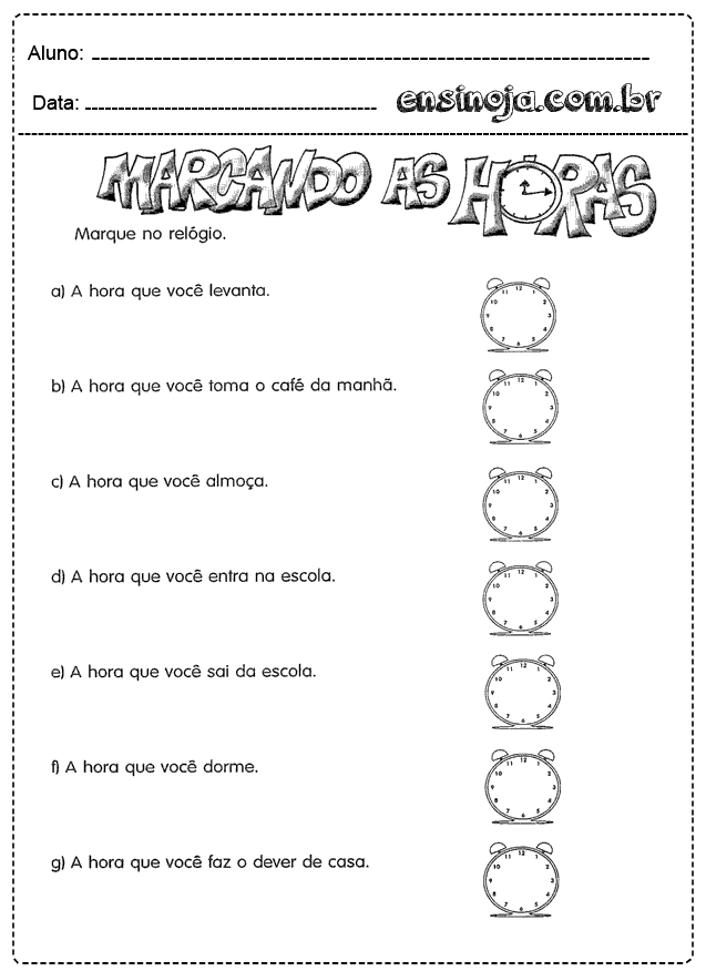 Atividade de marcar horas em relógios para crianças.