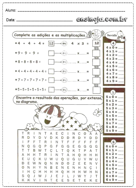 Atividade de matemática com adições e multiplicações para crianças.