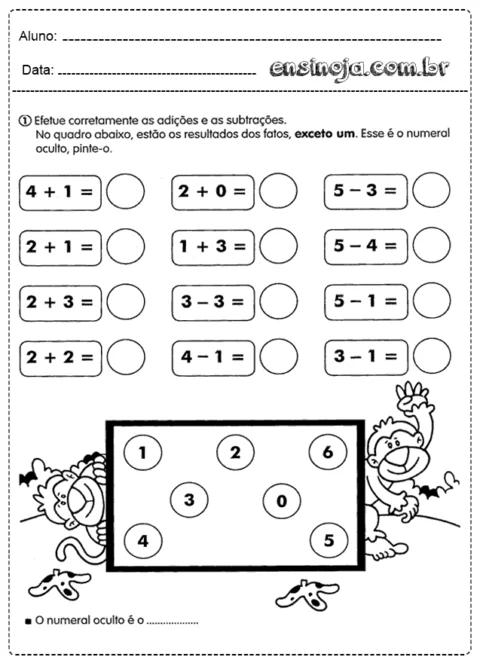 Atividade de matemática com adições e subtrações para crianças.