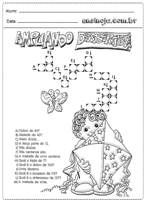 Atividade de matemática com um menino segurando um papagaio e perguntas sobre operações matemáticas.