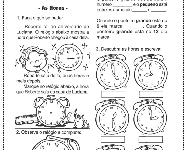 Atividade sobre horas com relógios e instruções para crianças.
