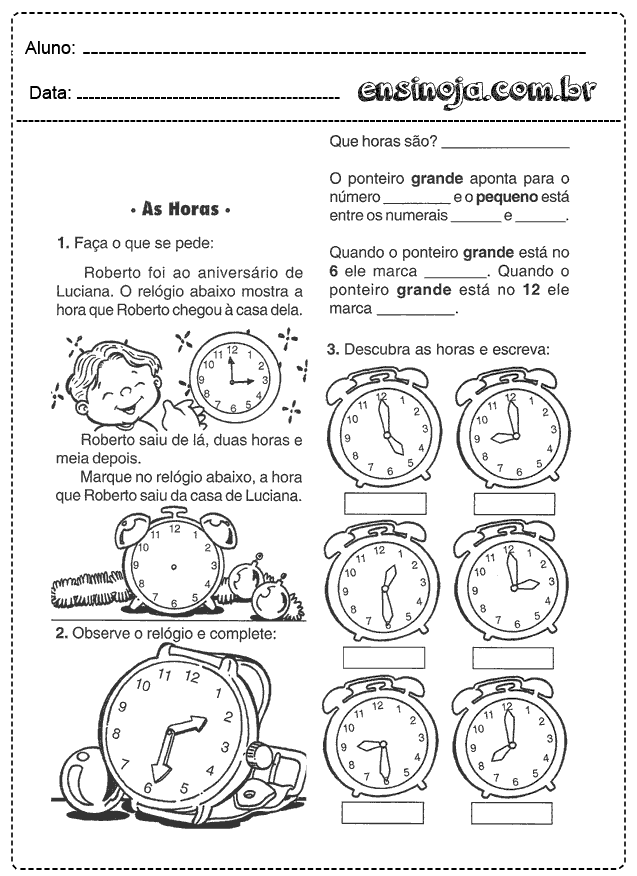 Atividade sobre horas com relógios e instruções para crianças.