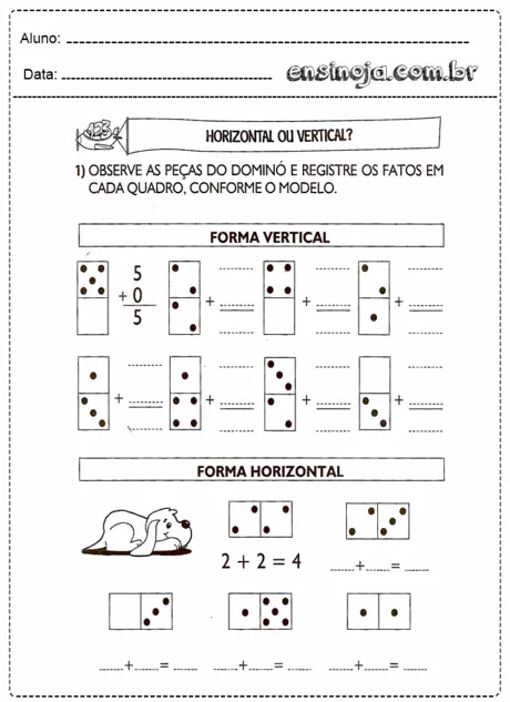 Atividade de matemática com peças de dominó para registrar fatos.