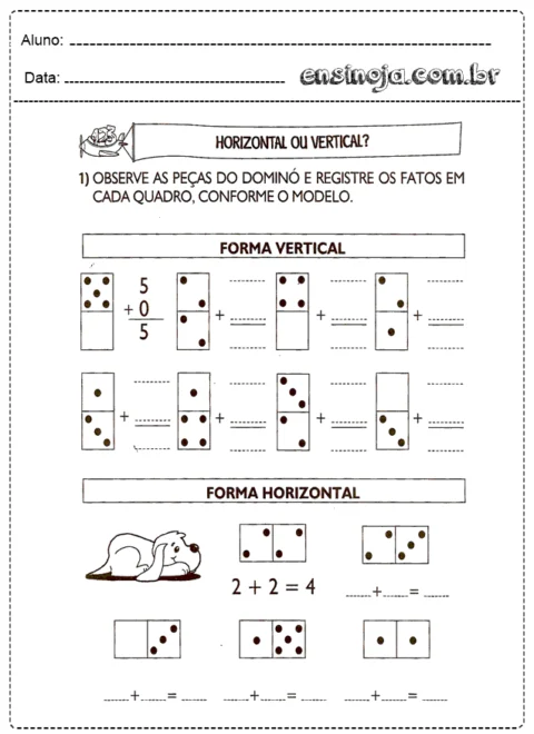 Atividade de matemática com peças de dominó para registrar fatos.