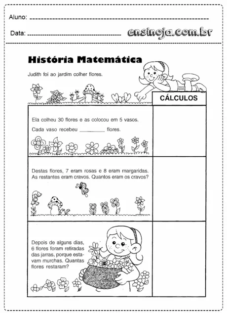 Atividade de matemática sobre flores, com uma menina e questões de cálculo.