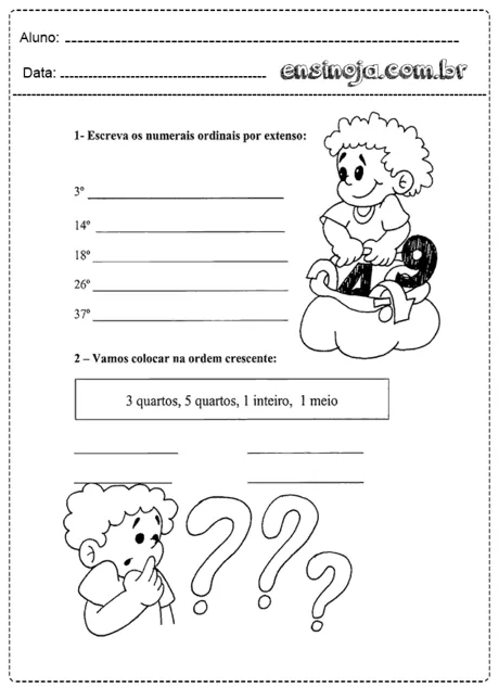 Atividade de matemática para crianças com numerais ordinais e uma ilustração de uma criança pensativa.