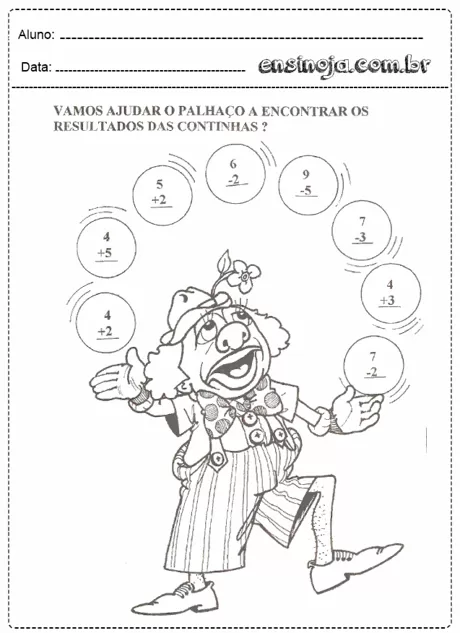 Atividade de matemática com um palhaço e operações de adição e subtração.
