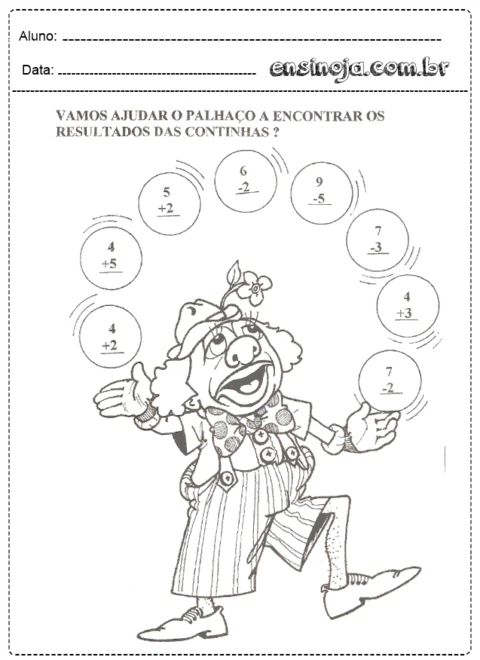 Atividade de matemática com um palhaço e operações de adição e subtração.